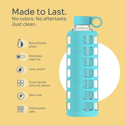 purifyou 40oz / 32oz / 22oz / 12oz Borosilicate Glass Water Bottle with Time & Volume Markers, Silicone Sleeve, Stainless Steel Lid | Reusable Glass Bottle for Water & Juice (32oz Aqua Blue)