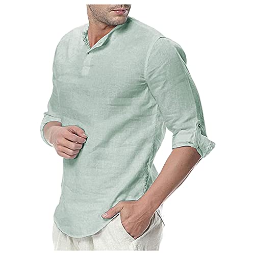 FORUU Long Sleeve Shirts 2021,Fall Shirt for Men Half Sleeve Fashion Casual O Neck Solid Color Tops Button Down Shirt Cotton and Linen Shirt Cute Slim Fit Tee Shirts Casual Shirts For Men Linen Shirts