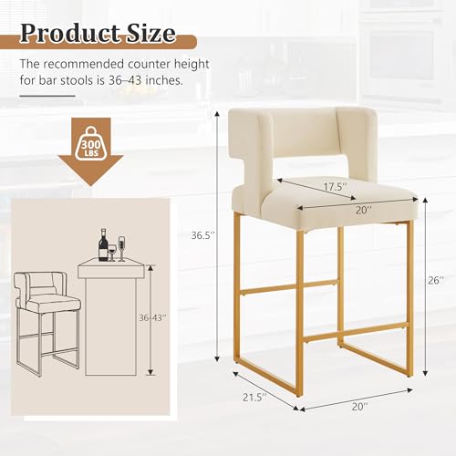 Image of Counter Height Bar Stools Set of 2, White Velvet Bar Chair Gold Leg | 26 inch Seat Height Fits Standard Kitchen Islands, Upholstered Barstools, Back Support, Square Metal Legs, Footrest