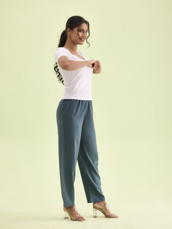 Image of GO COLORS Women Solid Mid Rise Relaxed Fit Viscose Casual Pants