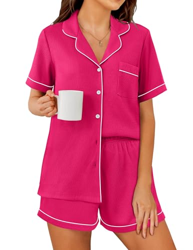 Image of Ekouaer Womens Waffle Knit Pajama Sets Soft Short Sleeve Button Down Sleepwear Cozy 2 Piece Pjs Shorts Set