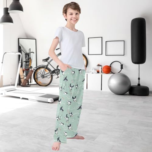 Boy's Pj Pants Lovely Doodle Birds Puffin Green Lounge Bottoms Elastic Waist Kids Joggers with Pockets Size 6-14 6
