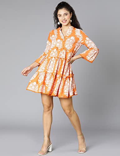 Image of oxolloxo Women Viscose Flared Regular Sleeves Floral Blue Casual Dress