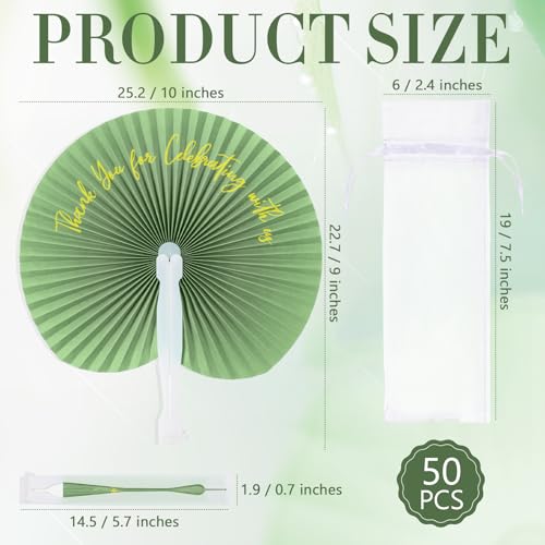 Suzile 50 Pcs Wedding Paper Fans Round Handheld Folding Fans Foldable Fans for Wedding with Plastic Handle and Yarn Bag Thank You for Celebrating with Us for Anniversary Guests Party (Sage Green) by Suzile - Image 2