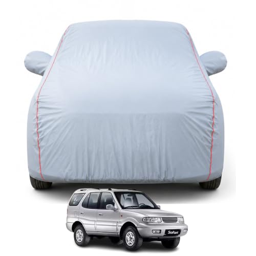 Image of Premium Car Cover for Tata Safari (1998-2004) Models | 100% Waterproof, UV & Dust Protection | Mirror & Antenna Pocket | Triple Stitched, Soft Inner Lining, Belt & Buckle (Dark Grey)