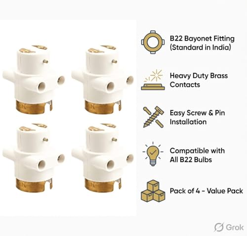 Image of BC Parallel Adapter Bulb Holder with 2 Pin Socket 6A Pack of 4 | BC lamp holder with integrated 2 pin socket and brass contacts for compatible lighting and household electrical use.