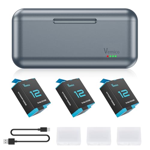 Vemico Hero 12 Akku Ladegerät Kit 3 x 1800mAh Hero11 akku Typ-C LED 3-Kanal Ladegerät AHDBT-901 für Hero 9 /Hero10 /Hero11 Black/Hero12 Black