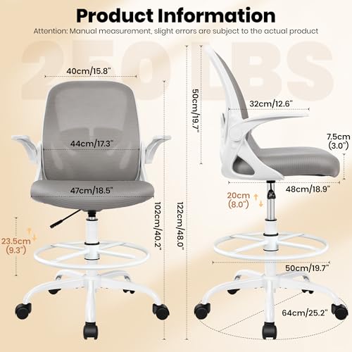 Image of Ergonomic Drafting Chair with Flip-Up Armrests & Adjustable Footrest - Tall Office Chair for Standing Desks, Lumbar Support, Gray - Home & Office Comfort