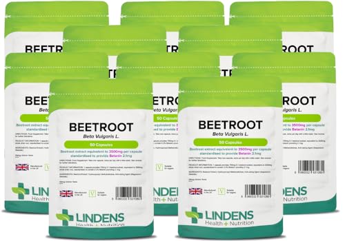 Lindens Beetroot Extract - 500 Capsules - 7,000mg Daily Intake - UK Made - A Source of Dietary Nitrates - Beta Vulgaris L - Easy to Swallow Rapid Release Capsules - Vegan Friendly - Letterbox Friendly