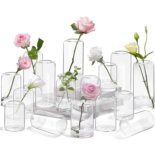 ZENS Bud Vases in Bulk Set of 16, Modern Small Glass Vases for Flower Clear Bud Vases for Wedding Centerpiece, Modern Blown Small Vase for Flowers, Wedding Party Events Decorative Home Decor