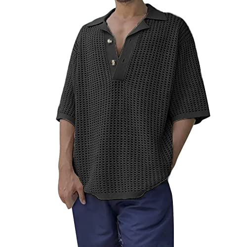 2023 New Mens Casual Fit Basic Tops Short Sleeve Turn Down Collar Knitted Hollow Out Stretch Through Pullover T Shirts 4Th Of July Flag Funny Festival Graphic Honor Soldier Pattern Ugly Hiking Camp #TOP9