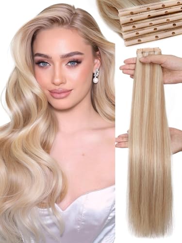WIGNEE Butterfly Weft Human Hair Extensions Strawberry Highlight Blonde Hair Extensions Real Human Hair 18 Inch Genius Double Weft Human Hair Extensions Glueless and Seamless for Thin hair(18/60A)