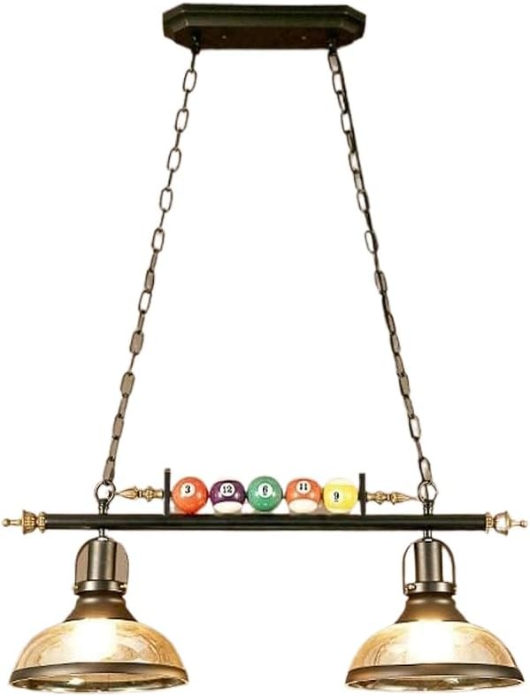 Industrial Pool Table Light, 2-Light Billiard Light Fixture with Billiard Ball Accent, Adjustable Chain Hanging Pendant, Metal Glass Shades for Game Room, Bar, Pub, Kitchen Island