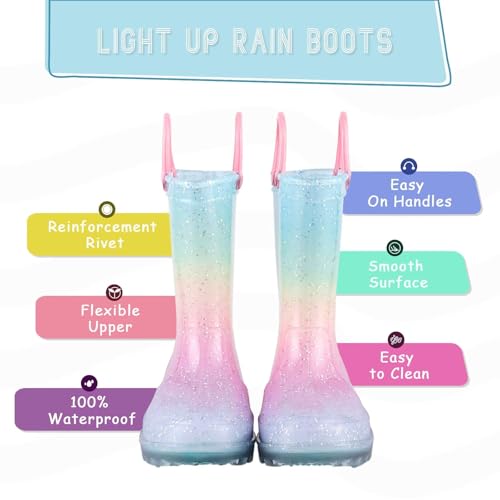 EUXTERPA Girls Glitter Light Up Waterproof Rain Boots Toddler Kids Rainbow Boots with Easy On Handles2