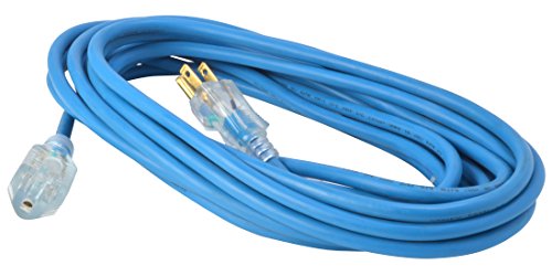 Woods 2434 16/3 Outdoor Cold-Flexible SJTW Extension Cord, Blue with Lighted End, 25-Foot