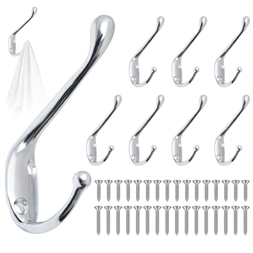 GOTRUST 8pcs Crochet de Manteau Murale Vintage Argent, Crochets de Mural Rétro Double Métal, Crochets Muraux Patère avec 32 Vis, Crochet Métal de Porte...