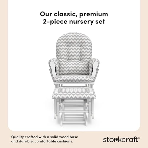 Image of Storkcraft Premium Hoop Glider & Ottoman (White /Gray Chevron) - GREENGUARD Gold Certified Nursery Glider, Solid Wood Craftsmanship, Smooth-Gliding Nursery Chair and Ottoman, Award-Winning