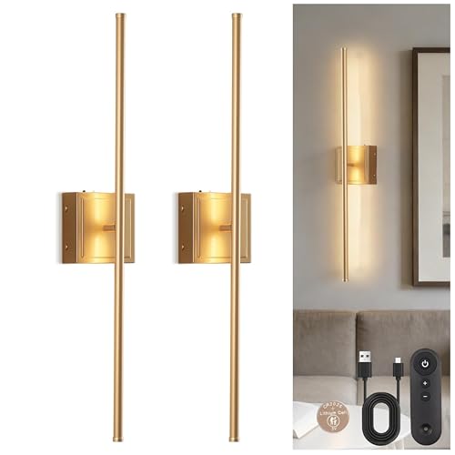 Image of DORESshop Battery Operated Wall Sconces Set of 2, Dimmable Battery Wall Sconce with Remote Control, Gold 350Rotate Rechargeable Sconces, 28.1 Inch Wireless Wall Lights for Bedroom, Living Room