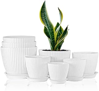 Warmplus 8 Pack Plant Pots Indoor, 19/17.5/16.5/16/14/13/11.5/10cm Stripe Grooves Plastic Flower Pots with Drainage Holes and Tray, Modern Decorative Planter Pot for All House Plants, White