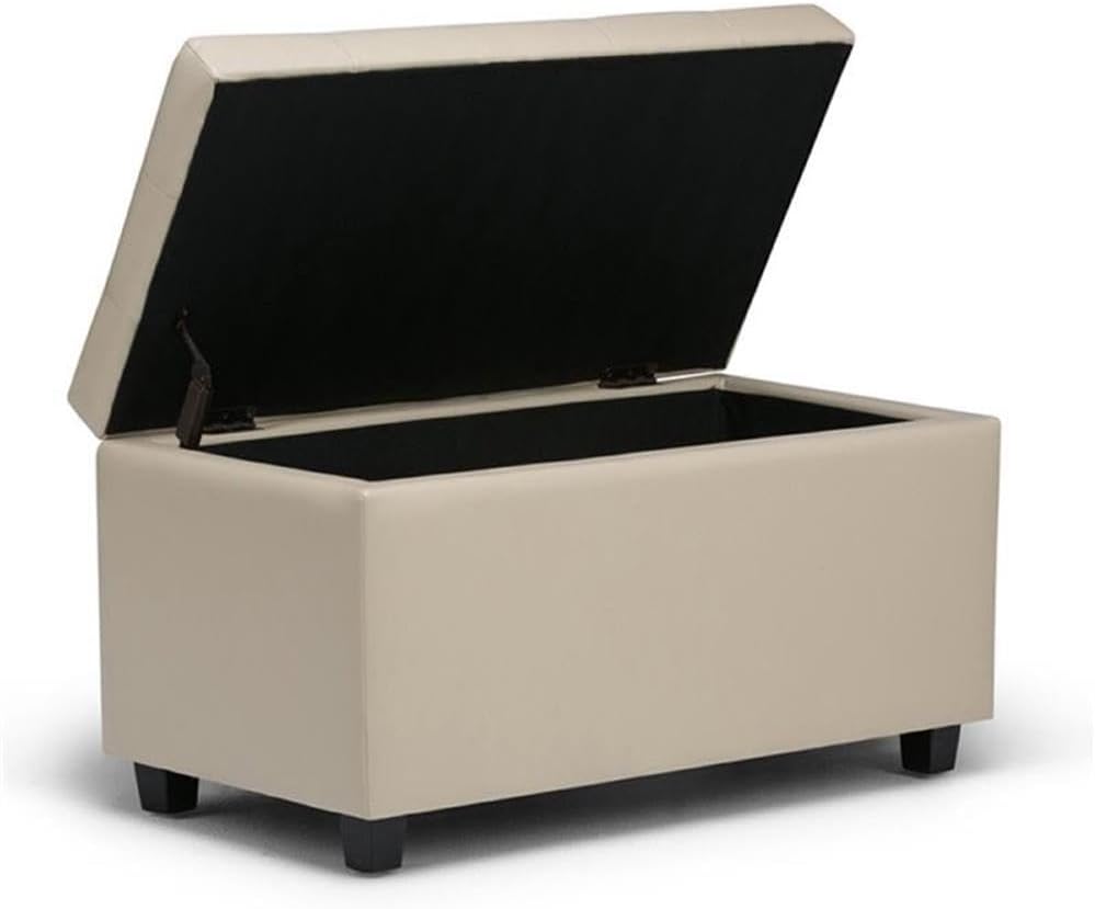 Pemberly Row Rectangle Storage Ottoman, 34" W x 18" D x 18" H, Satin Cream Faux Leather, Tufted Top, Large Interior Storage, Solid Wood Frame, Living Room Bench, Contemporary Accent Furniture