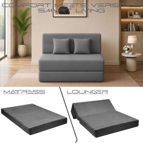 Image of Los Angeles Foldable 2 Seater Sofa Cum Bed, Sofa Bed 4 X 6 Ft, Jute Fabric Washable Cover Including Two Cushion Perfect for Living Room & Office Guest Room - Grey Color