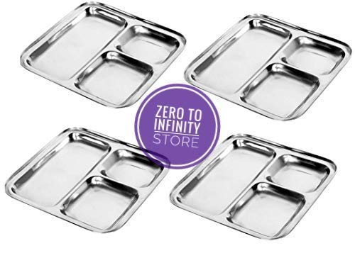Zero To Infinity store Stainless Steel Square Dinner Plate with 3 Sections Divided Mess Trays for Kids Lunch, Camping, Events & Every Day Use Kitchenware Set of 4 Piece
