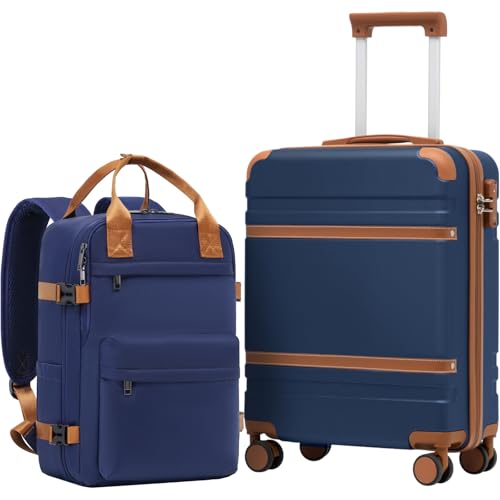 COOLIFE Maleta de cabina 55 x 35 x 20 cm para avión Ryanair, equipaje de mano, equipaje de cabina, maletín rígido con cerradura TSA y 4 ruedas gemelas, azul/marrón, 55 x 40 x 20cm -Set 2tlg, Maleta de