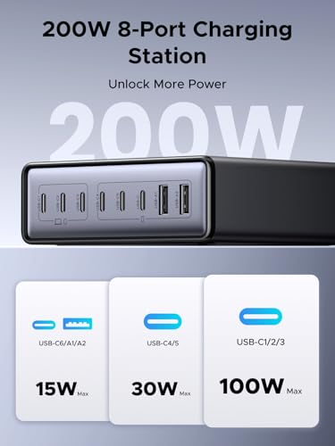 Image of UGREEN Nexode 200W GaN USB C Charging Station, 8-Port Desktop Charger with PD 100W for MacBook Pro 16 inch /Air, Dell XPS, iPad Pro, iPhone 17 /16 /15, Galaxy S25 /S24, Pixel 10 /9
