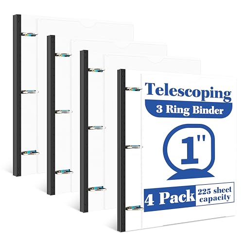 INFUN 1 Inch Telescoping 3 Ring Binder - 4PCS-White, Flexible Binders with Customizable Front Cover and Clear Catalog Pocket, Holds 8.5x11 inch Paper