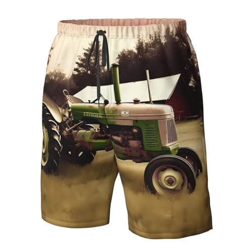 Old Tractor Photo Farm Men's Swim Trunks Quick Dry Board Shorts with Pockets Casual Drawstring Beach Shorts4