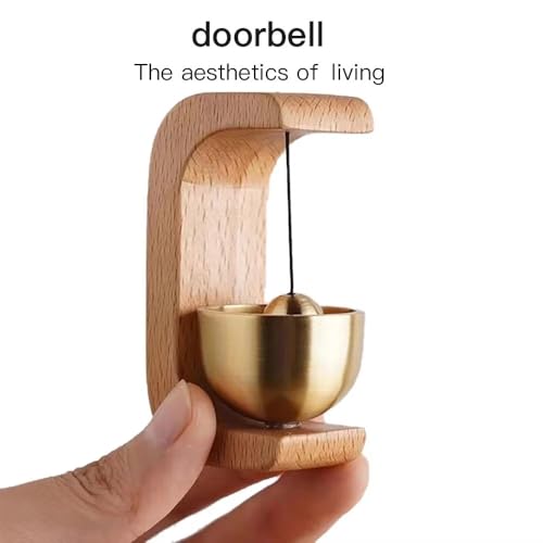 Image of Shopkeeper Bell Japanese Style Wooden Door Chime | Copper Bell Sound Alert for Shops, Homes & Offices | No-Drill Stick-On Doorbell | Rustic Oval Design for Door, Wall, Fridge, Cafe Decor