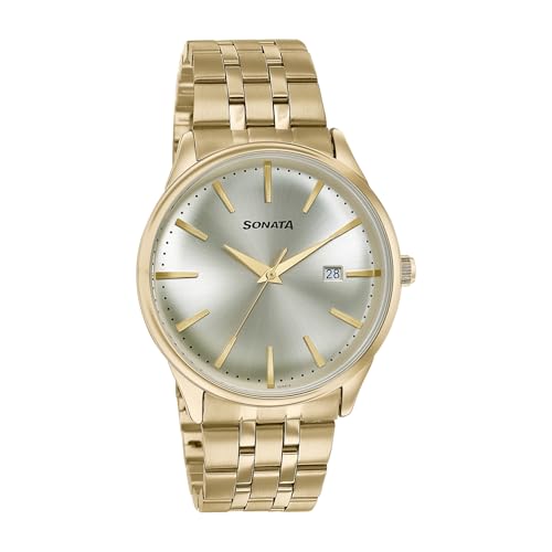 Image of Sonata Wedding Edit Quartz Analog with Date Golden Dial Stainless Steel Strap Watch for Men