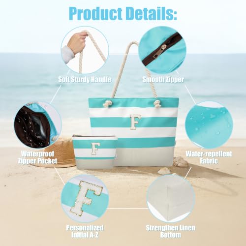 Image of Vavabox Initial Beach Tote Bag for Women, Water-resistant Gifts for Women | Soft Foldable Sandproof Travel Beach Bag Set, Birthday Gifts for Daughter