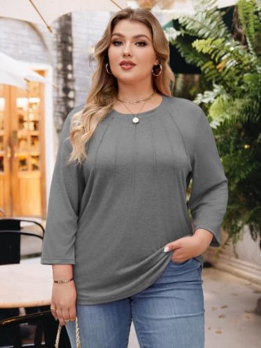 Image of Chulianyouhuo Womens Plus Size Tops 3 /4 Sleeve Casual T Shirts | Crew Neck, Pleated Blouse Tee, Dressy Casual Shirts, Loose Fit Tunic Tops, Soft Fabric, Going Out Outfits