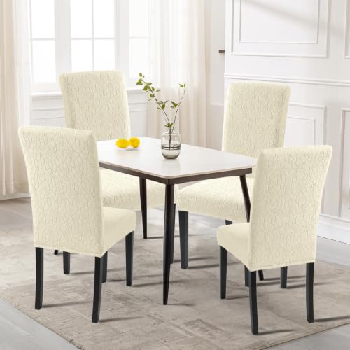 Image of SearchI Jacquard Dining Room Chair Covers Set of 4, Stretch Kitchen Chair Covers Washable Parsons Chair Slipcover Removable Dining Chair Protectors for Hotel,Ceremony(Beige Floral Texture)