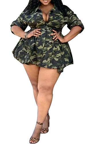 LETSVDO Women Sexy Camouflage Long Sleeve Cardigan Jacket Button Down Swing Shirt Dress Clubwear Plus Size