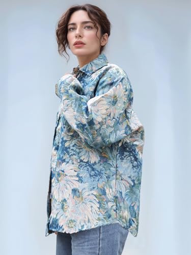 Casual Floral Shacket Cute Flower Pattern Jacquard Loose Shirt denim Canvas Jacket Button Coat Fancy Tops3