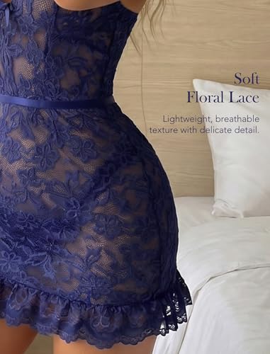 Image of Girece Sexy Lingerie for Women Babydoll Lingerie Dress Lace Chemise Nightgown with Adjustable Straps, Ruffle Hem G String