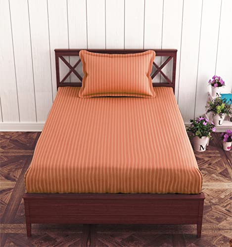Image of Trance Home Linen 100% Cotton 80x38 inch 200TC Satin Stripe Elastic Fitted Bedsheet | College /Hostel Use Fitted Bedspread with 1 Pillow Cover (80 inchx38 inch | 6.6x3.1 feet, Copper Rust)