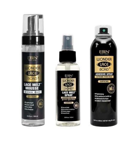 EBIN NEW YORK Wonder Lace Bond Melt Mousse 8.5 oz Bundle with Melting Spray 3.39 oz and Adhesive Spray 6.08oz Firm Hold Lace Wig Sprays Seamless Wig Application Gift Set (3 Items)