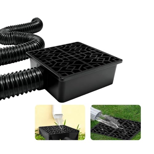 Rain Gutter Downspout Extensions with 10×10in Catch Basin, Low-Profile Downspout Extender, Flexible Drainage Pipe Extends to 6.5ft, French Drain Kit & Rainwater Diverter for Foundation Protection