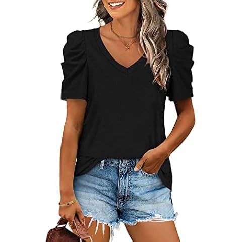 MGOOL Womens Summer Shirt V Neck Casual Tshirts Puff Sleeve Tops for Women Short Sleeve Solid Color(Black XL) Cover