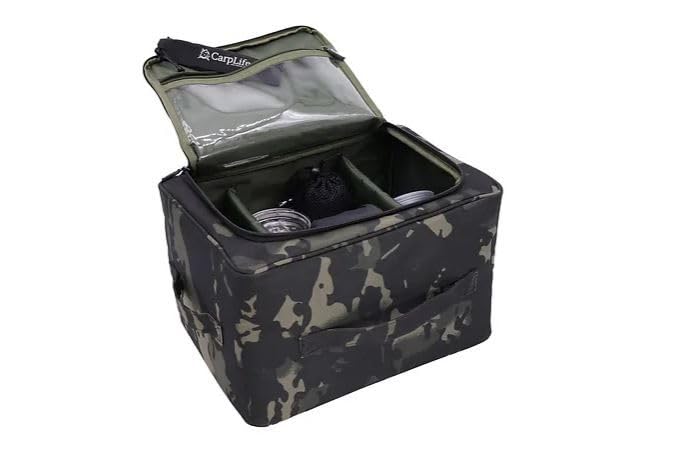 CarpLife Brew Kit Bag Cookware Set - Portable Coffee Tea Cookware Bag - Carp Fishing Brew Kit Set - Camping Tea Coffee Sugar Storage, Teaspoon and Microfibre Hand Towel for Travel & Road Trips - Camo