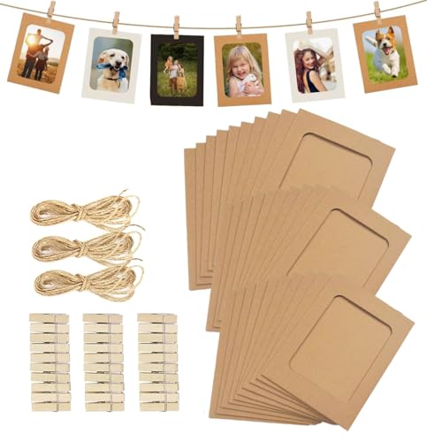 BetterJonny 30pcs Paper Photo Frames, 4 * 6 Inches Kraft Picture Frame for Home Party Office with Mini Wooden Clips and Jute Strings