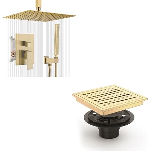 Iriber Champagne Bronze Ceiling Mount Rain Shower System with 12 Inch Shower Head and Handheld And Iriber 6 Inch Square Shower Floor Drain with PVC Shower Drain Base, SUS 304 Stainless Steel Cover