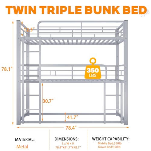 Bunk Beds, Metal Bunk Bed, Triple Bunk Bed for Kids,Teens, Adults, Girls, Boys, Detachable BunkBed Can Be Divided into 3 Twin Beds,No Box Spring Need (Silver)