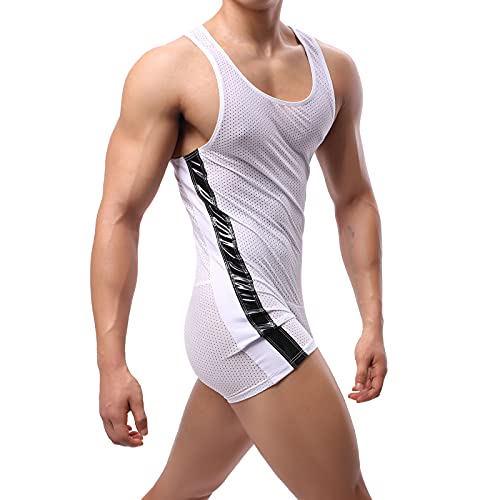 Men's Mesh Tank Top One Piece Striped Waistband Wrestling Singlet Bodysuit Jumpsuit Leotard Mini Boxer Briefs