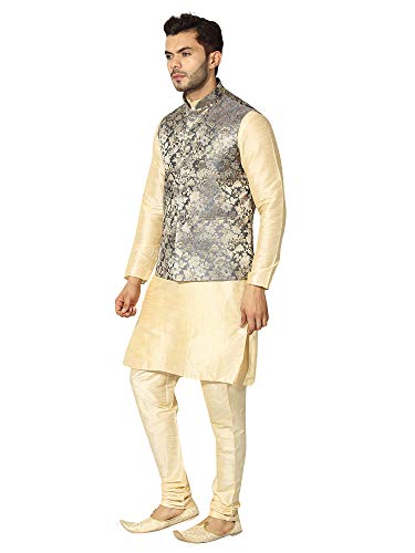 Image of Uri and MacKenzie Men's Silk Blend Regular Kurta Churidar Pyjama with Bundi Nehru Jacket /Waistcoat