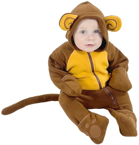 Snonook Fleece Baby Jacket - Winter Suit Bunting Bodysuit with Fold Over Mittens & Footies, Hooded & Zipper Down, Soft Cozy Warm Jumpsuit for Infants, Baby Monkey 18-24 Months