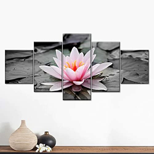 5 Panel Wall Art Picture Blooming Lotus Prints On Canvas The (Xxl/With Frame 200 X 100 Cm) Pictures Oil For Home Modern Decoration Print Decor For Living Room Hotel Restaurant Office Home -1X3N+F4H